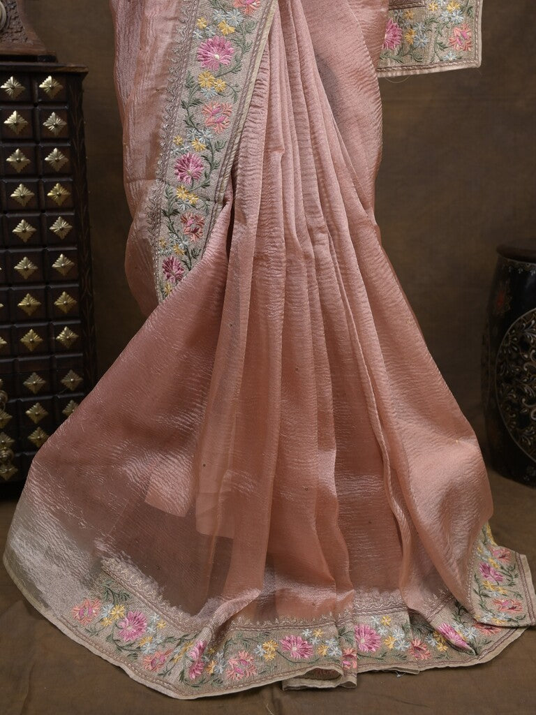 Tissue crush fancy saree peach color allover plain & embroidery border with running pallu and printed blouse