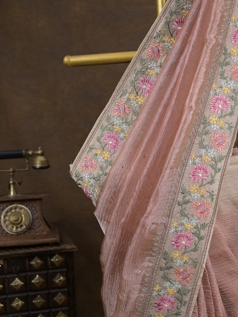 Tissue crush fancy saree peach color allover plain & embroidery border with running pallu and printed blouse