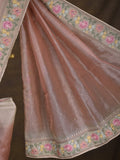 Tissue crush fancy saree peach color allover plain & embroidery border with running pallu and printed blouse