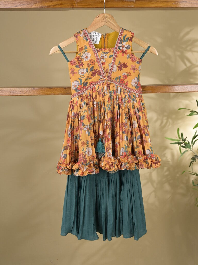 Yellow color Georgette floral sharara set for kids 5-6 years