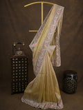 Tissue crush fancy saree light yellow color allover plain & embroidery border with running pallu and printed blouse