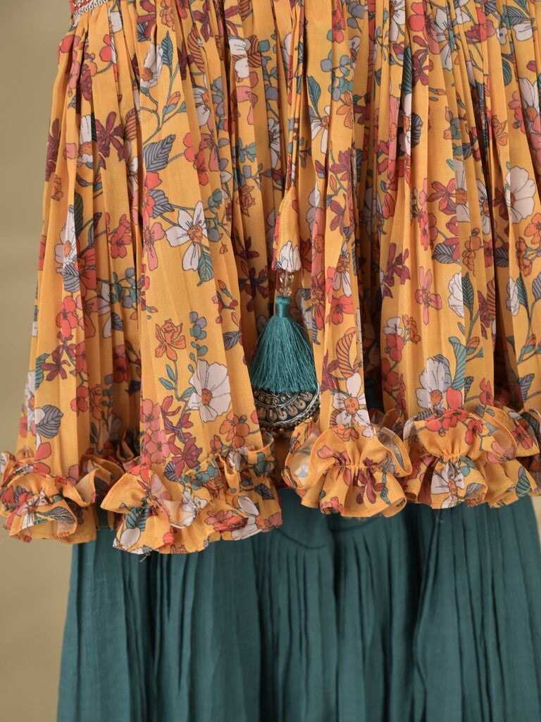 Yellow color Georgette floral sharara set for kids 5-6 years