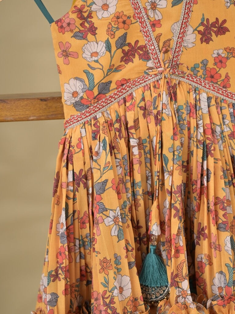 Yellow color Georgette floral sharara set for kids 5-6 years