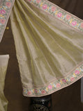 Tissue crush fancy saree light olive green color allover plain & embroidery border with running pallu and printed blouse