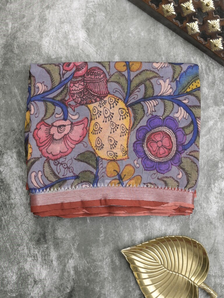 Mangalagiri fancy printed saree in bluish grey color with zari border and plain contrast blouse