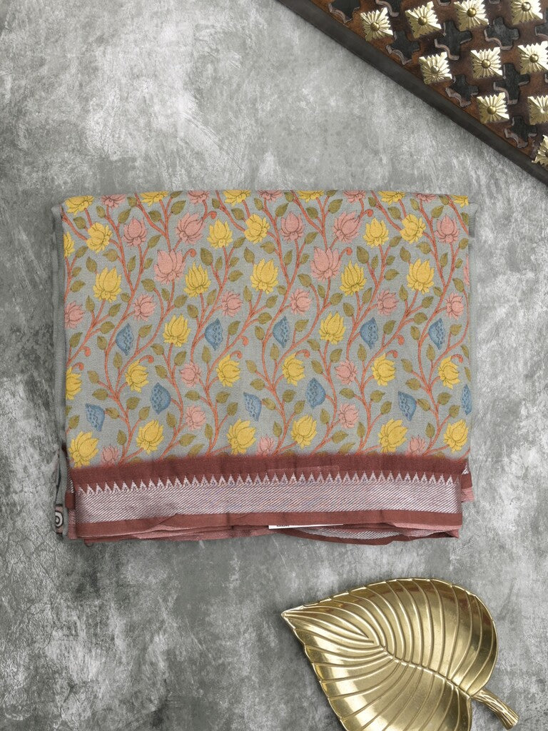 Mangalagiri fancy printed saree in grey color with zari border and plain contrast blouse
