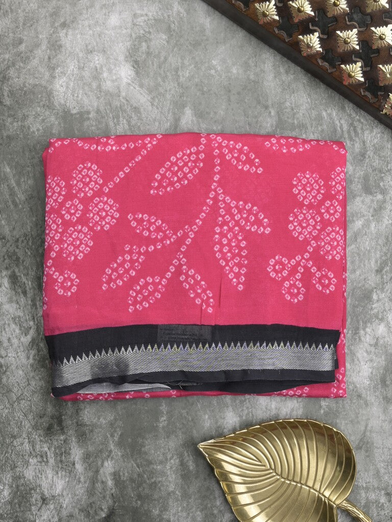 Mangalagiri fancy printed saree in pink color with zari border and plain contrast blouse