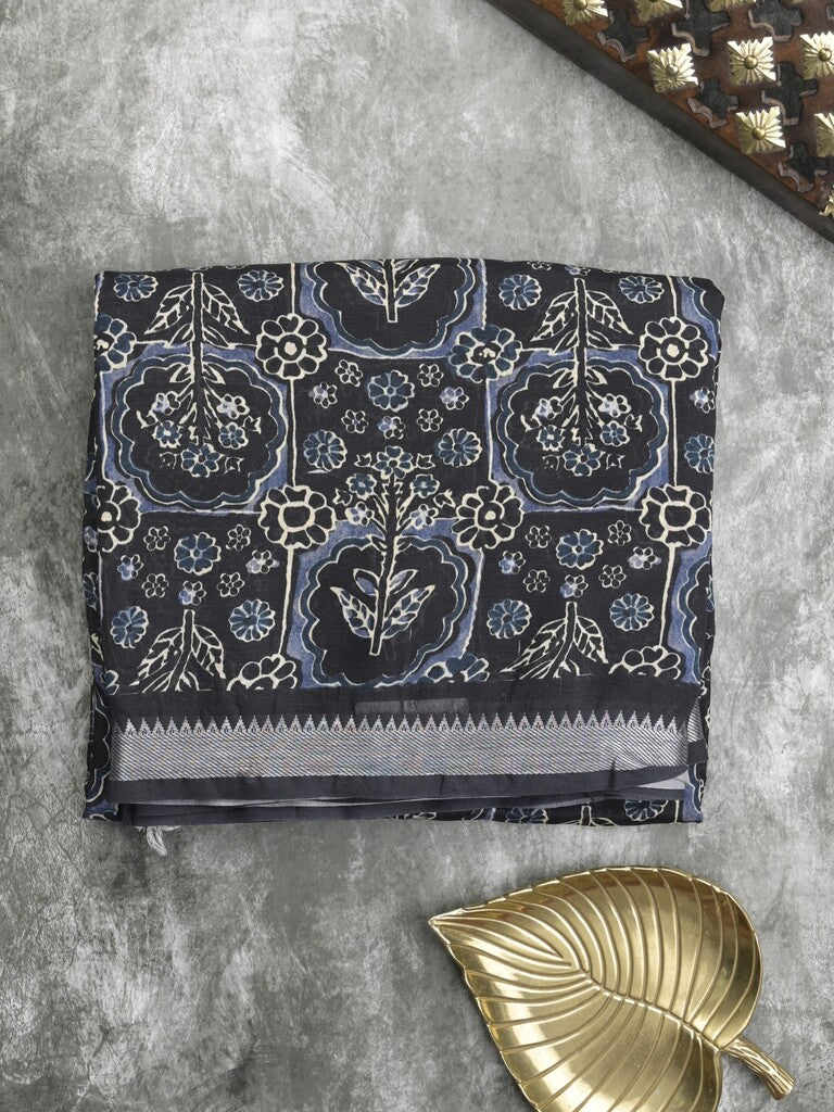 Mangalagiri fancy printed saree in grey color with zari border and plain contrast blouse