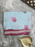 Mangalagiri fancy printed saree in light blue color with zari border and plain contrast blouse
