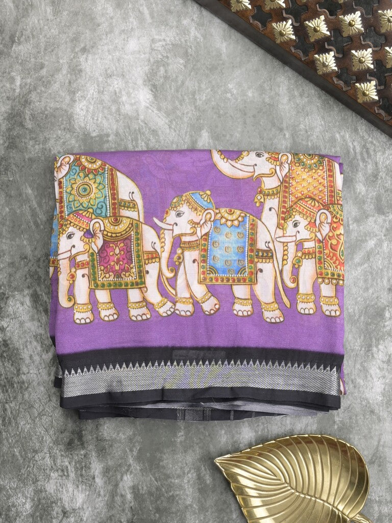 Mangalagiri fancy printed saree in purple color with zari border and plain contrast blouse