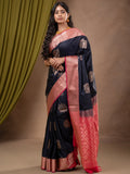 Kanchi pattu saree navy blue color allover zari weaves & zari border with contrast pallu and plain contrast blouse