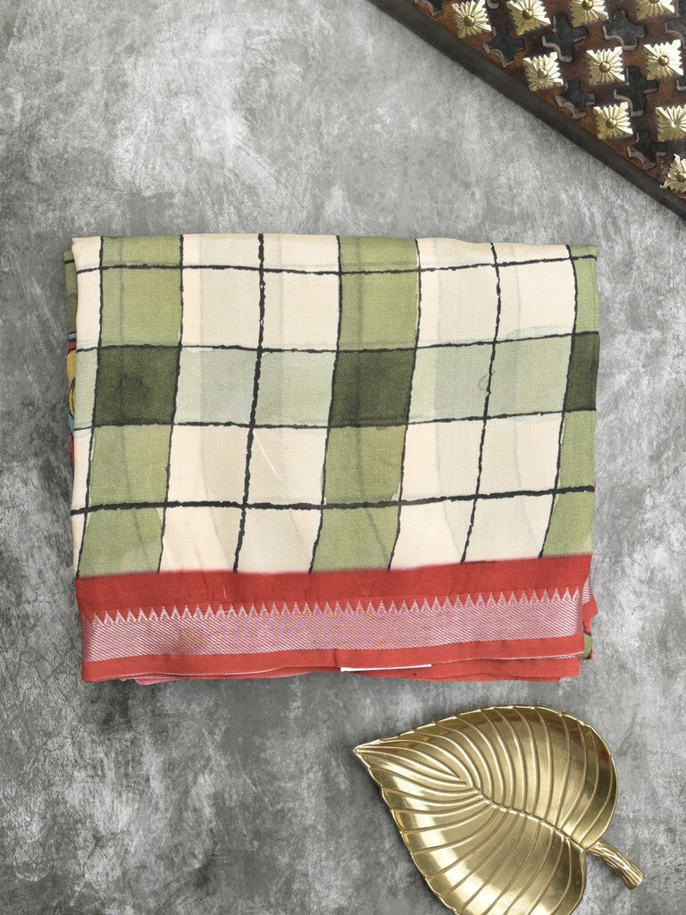 Mangalagiri fancy printed saree in cream color with zari border and plain contrast blouse