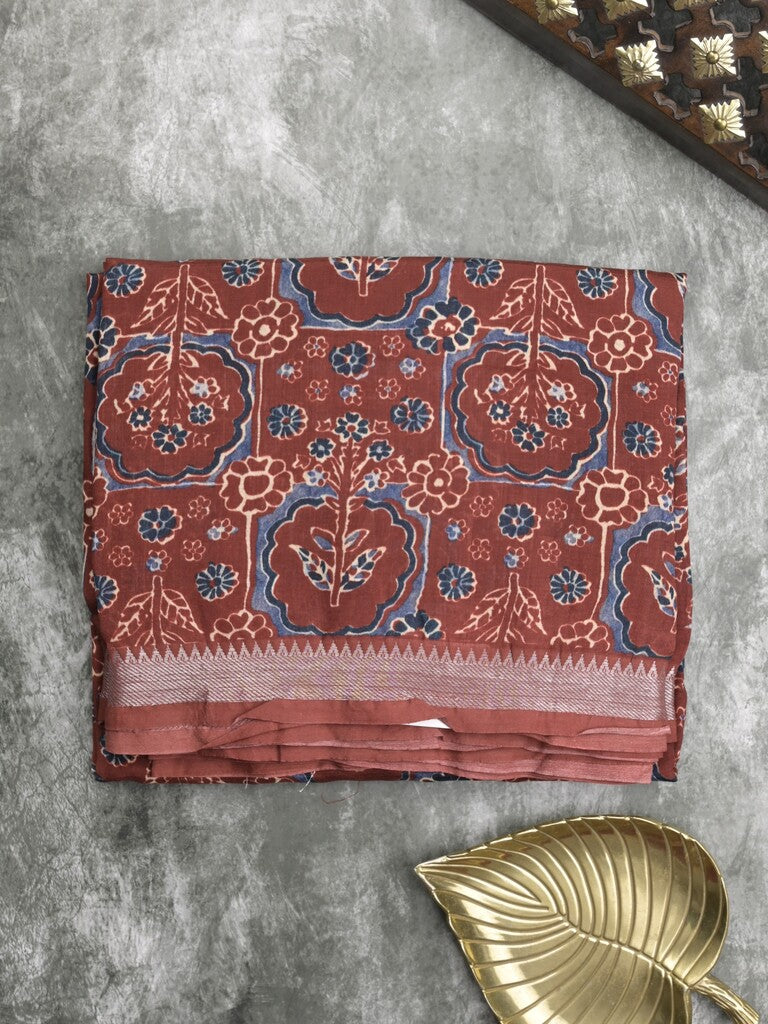 Mangalagiri fancy printed saree in maroon color with zari border and plain contrast blouse