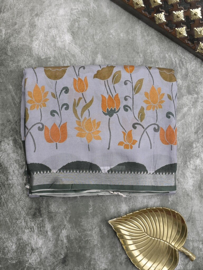 Mangalagiri fancy printed saree in grey color with zari border and plain contrast blouse