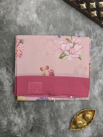 Mangalagiri cotton saree in pastel pink color with contrast pallu and printed blouse