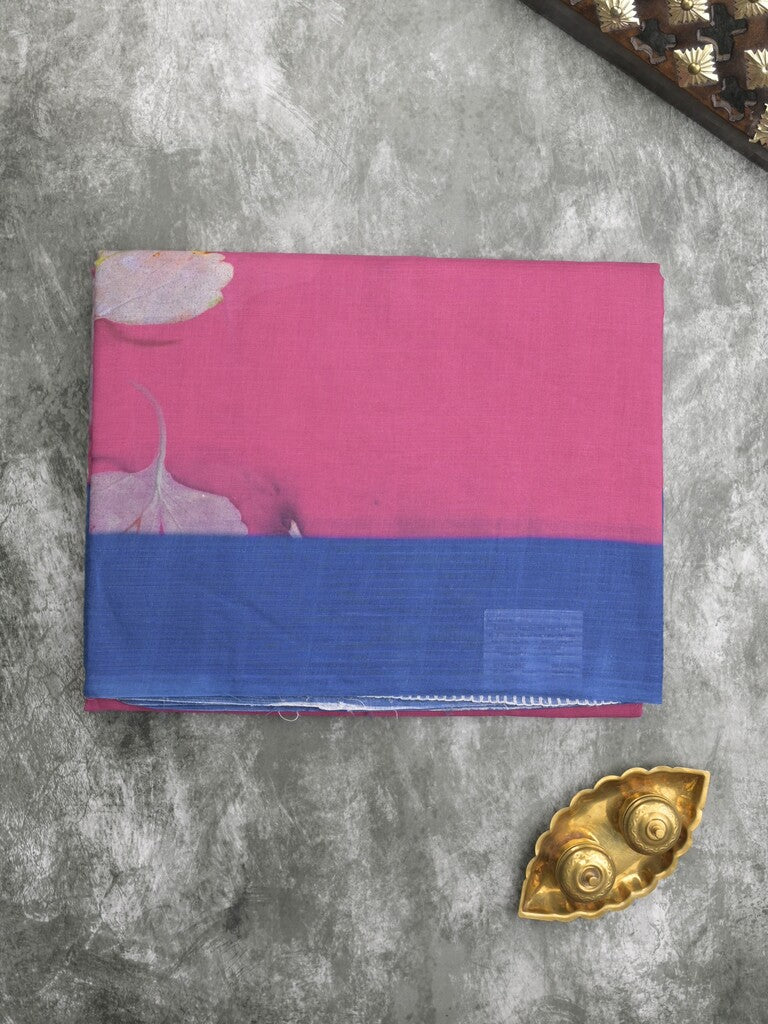 Mangalagiri cotton saree in pink color with contrast pallu and printed blouse