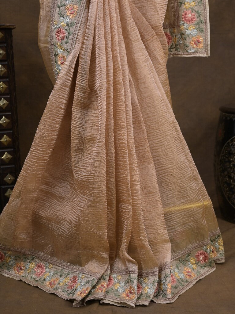 Tissue crush fancy saree light beige color allover plain & embroidery border with running pallu and printed blouse