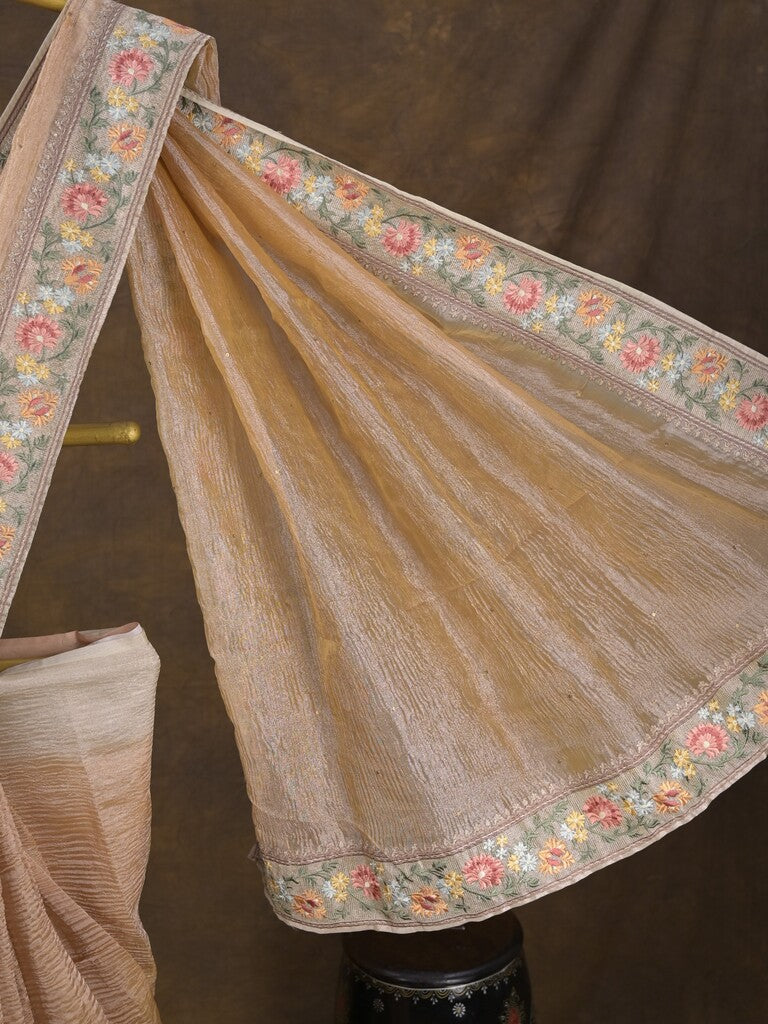 Tissue crush fancy saree light beige color allover plain & embroidery border with running pallu and printed blouse