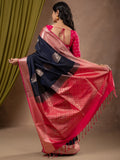 Kanchi pattu saree navy blue color allover zari weaves & zari border with contrast pallu and plain contrast blouse