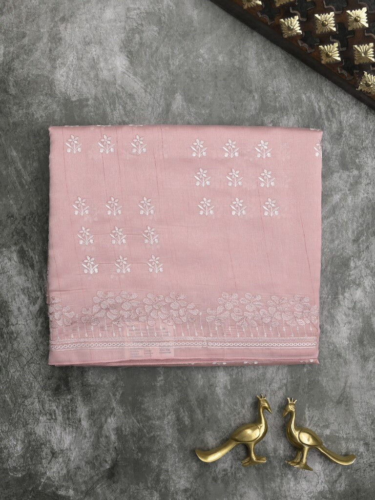 Tussar fancy saree in pastel pink color allover embroidery & zari border with self pallu and plain blouse