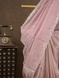 Tissue crush fancy saree light pink color allover motifs & embroidery border with running pallu and printed blouse