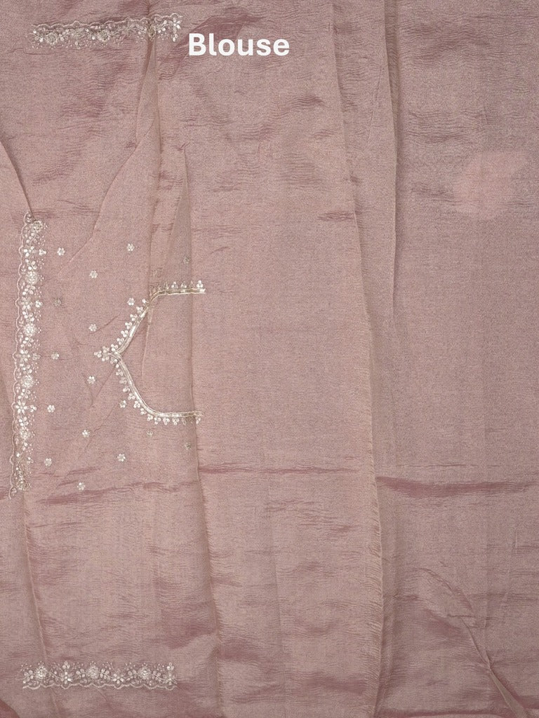 Tissue crush fancy saree light pink color allover motifs & embroidery border with running pallu and printed blouse