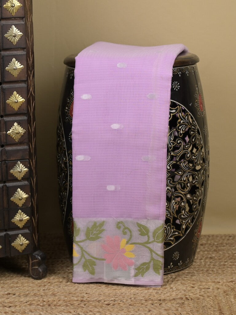 Kota fancy sarees in lavender color allover motifs with zari border and matching blouse