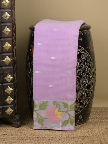 Kota fancy sarees in lavender color allover motifs with zari border and matching blouse
