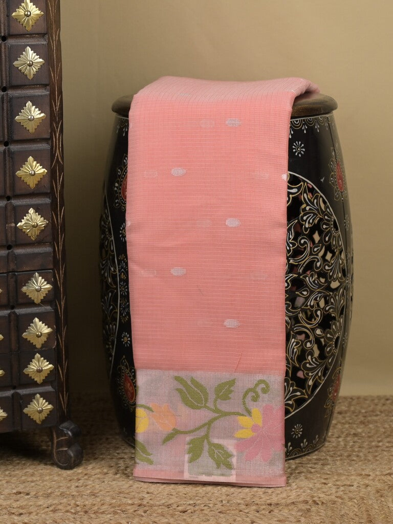 Kota fancy sarees in baby pink color allover motifs with zari border and matching blouse