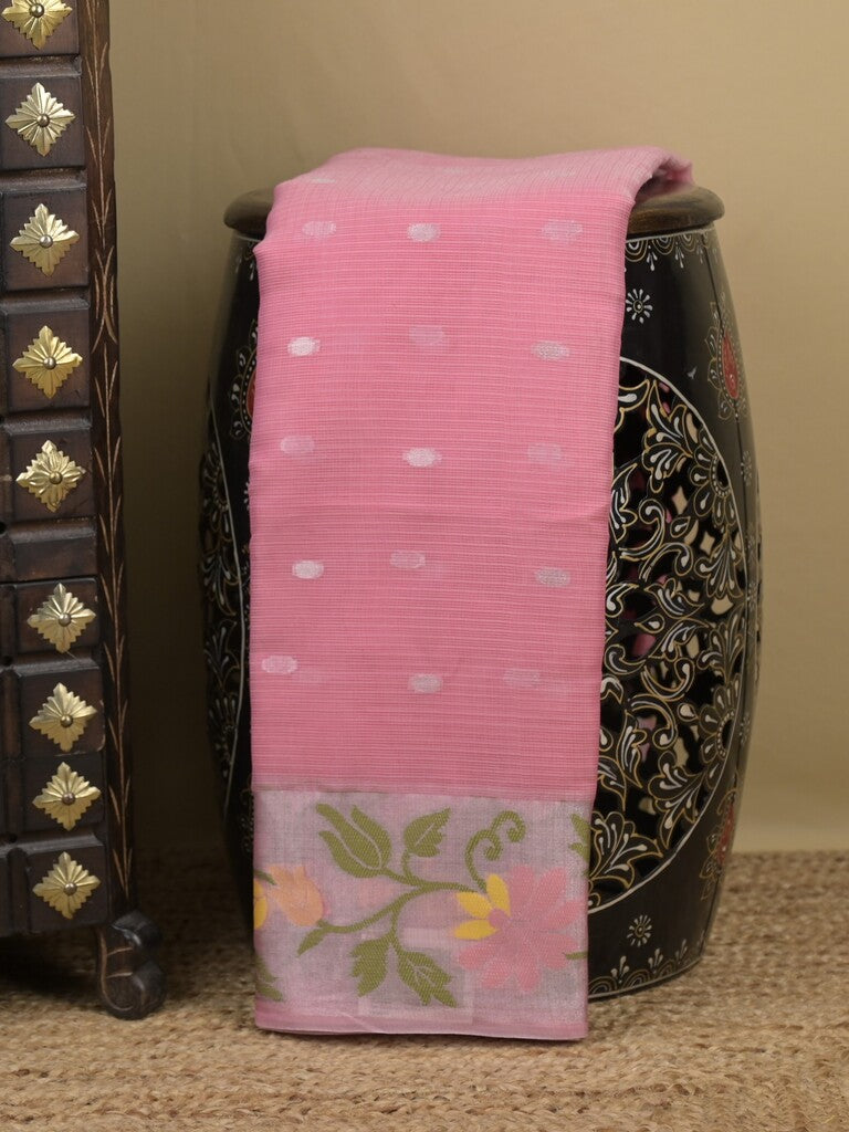 Kota fancy sarees in light pink color allover motifs with zari border and matching blouse