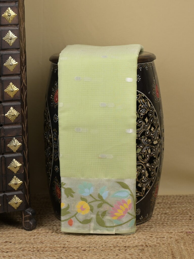 Kota fancy sarees in pastel green color allover motifs with zari border and matching blouse
