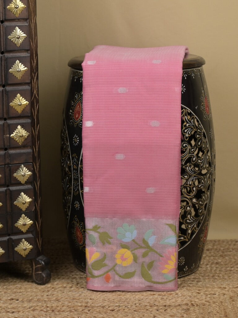 Kota fancy sarees in light pink color allover motifs with zari border and matching blouse