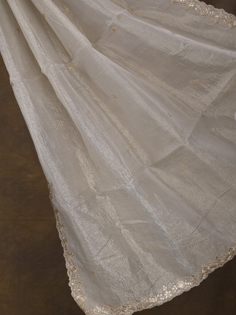 Tissue crush fancy saree light grey color allover motifs & embroidery border with running pallu and printed blouse