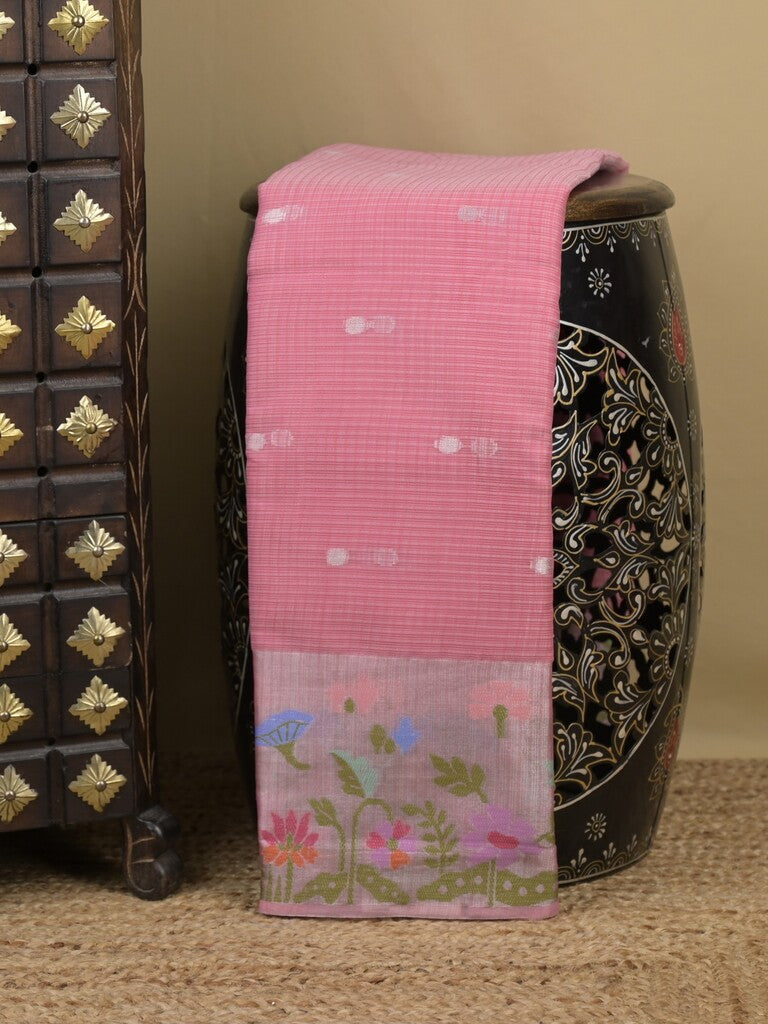 Kota fancy sarees in baby pink color allover motifs with zari border and matching blouse