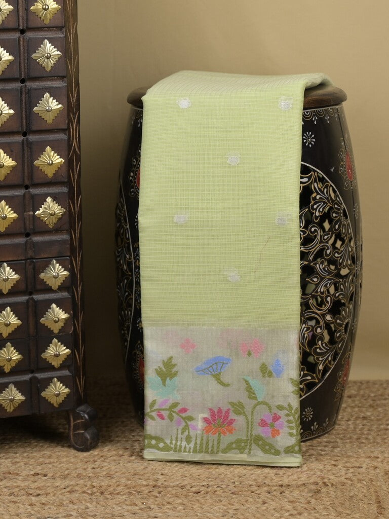Kota fancy sarees in pastel green color allover motifs with zari border and matching blouse