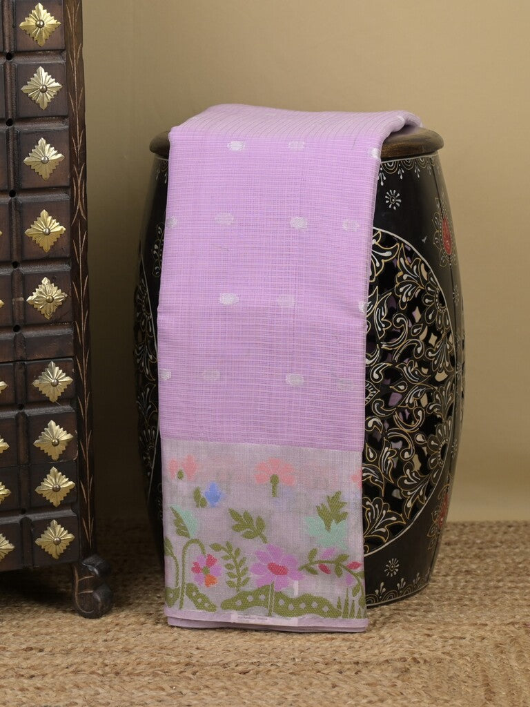 Kota fancy sarees in lavender color allover motifs with zari border and matching blouse