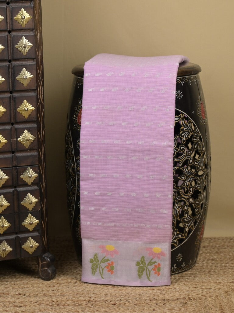 Kota fancy sarees in lavender color allover motifs with zari border and matching blouse