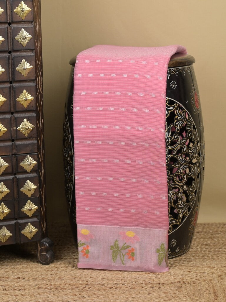 Kota fancy sarees in baby pink color allover motifs with zari border and matching blouse