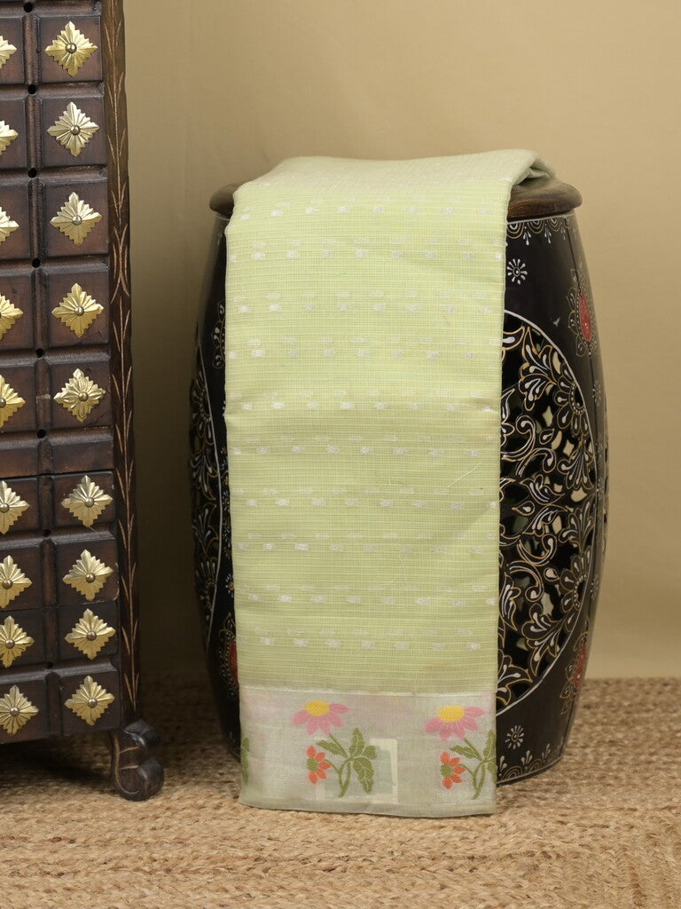 Kota fancy sarees in pastel green color allover motifs with zari border and matching blouse
