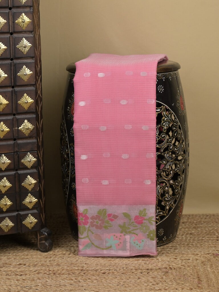 Kota fancy sarees in light pink color allover motifs with zari border and matching blouse