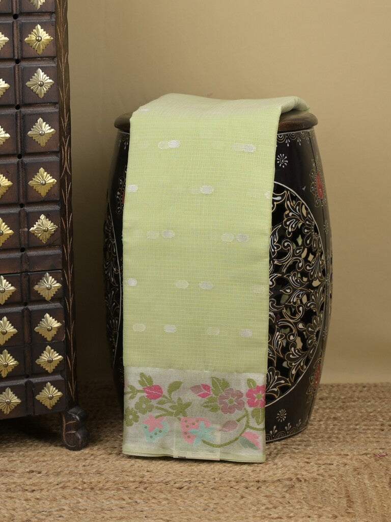 Kota fancy sarees in pastel green color allover motifs with zari border and matching blouse