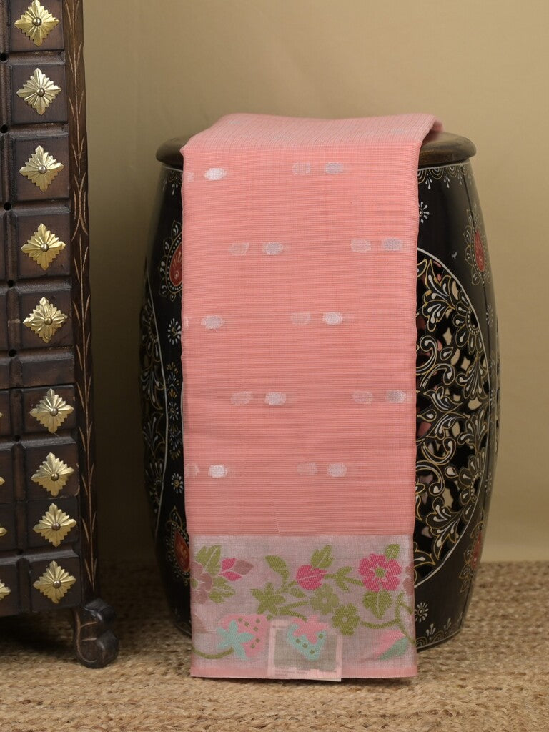 Kota fancy sarees in light peach color allover motifs with zari border and matching blouse