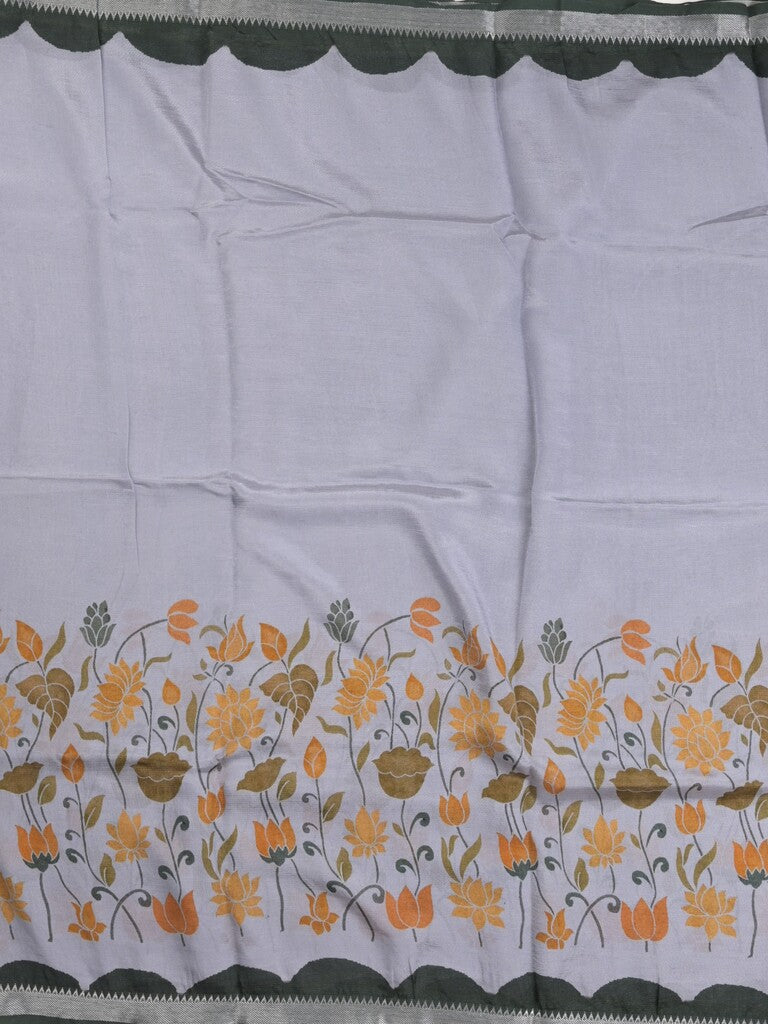 Mangalagiri fancy printed saree in grey color with zari border and plain contrast blouse