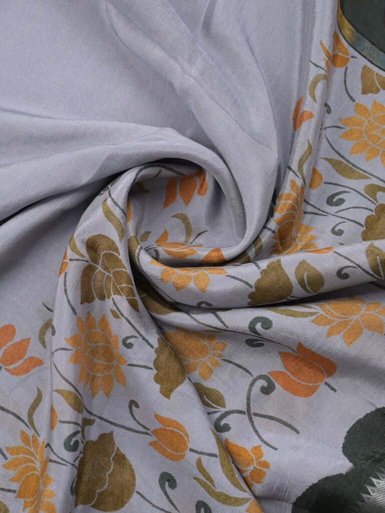 Mangalagiri fancy printed saree in grey color with zari border and plain contrast blouse