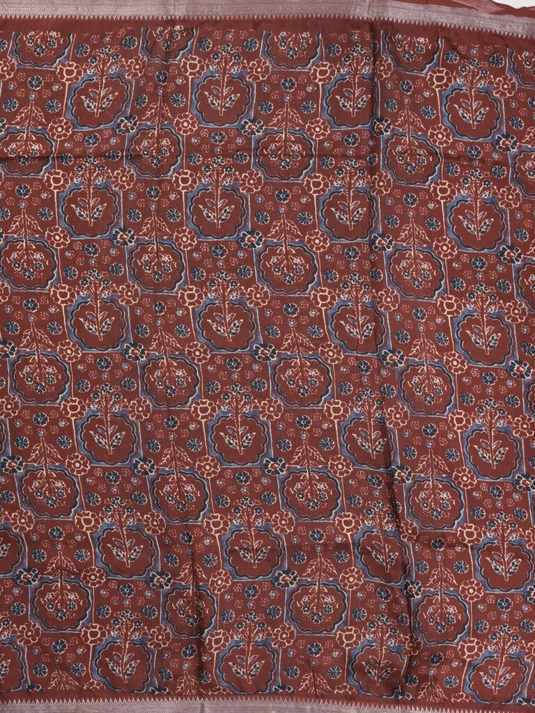 Mangalagiri fancy printed saree in maroon color with zari border and plain contrast blouse