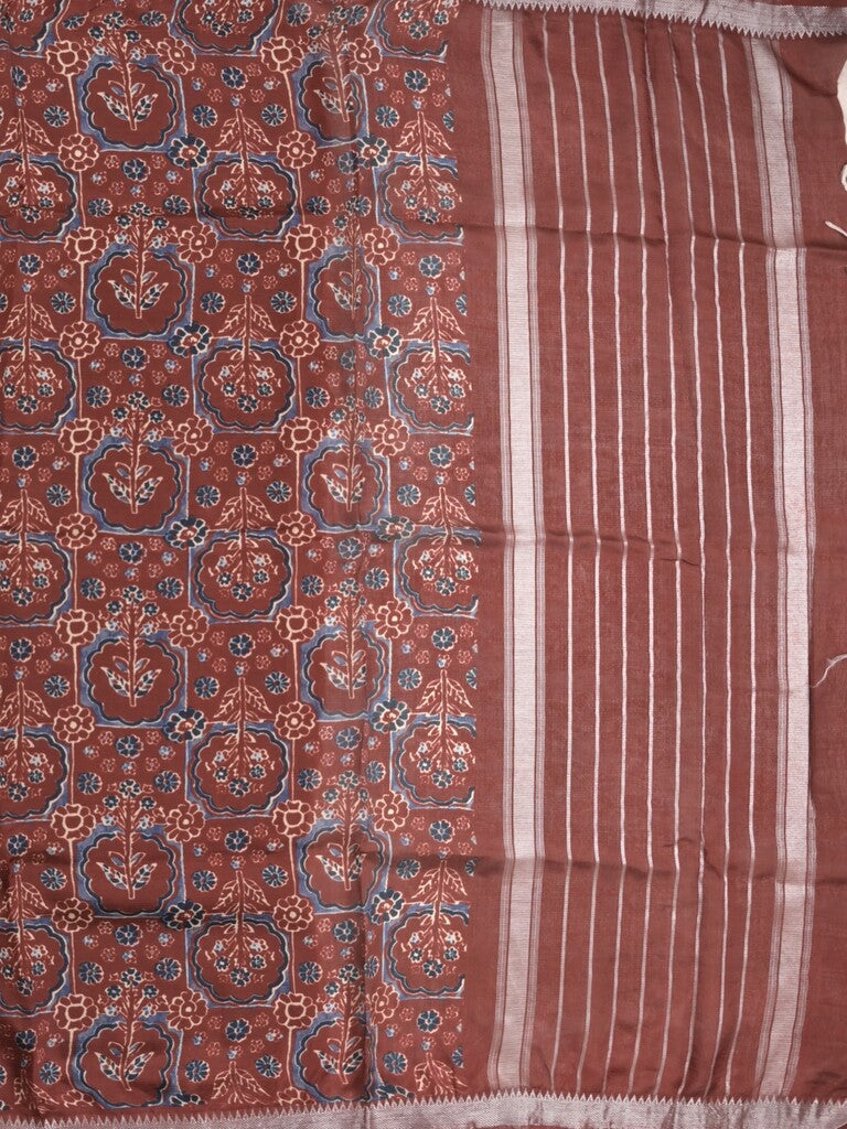 Mangalagiri fancy printed saree in maroon color with zari border and plain contrast blouse