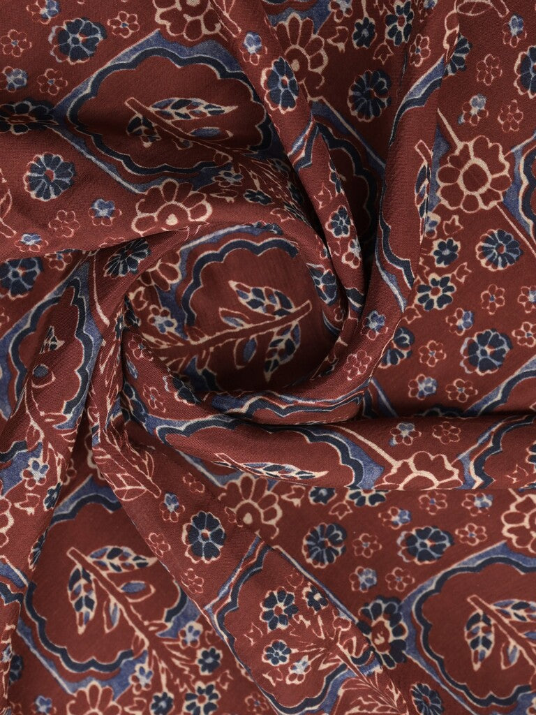 Mangalagiri fancy printed saree in maroon color with zari border and plain contrast blouse