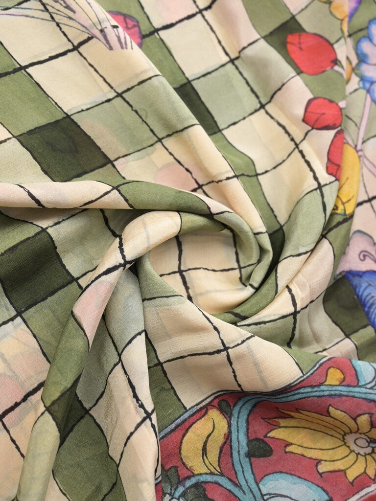 Mangalagiri fancy printed saree in cream color with zari border and plain contrast blouse