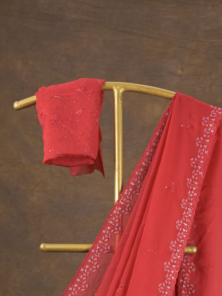 Organza fancy saree red color allover embroidered motifs & cutwork border with running pallu and self blouse