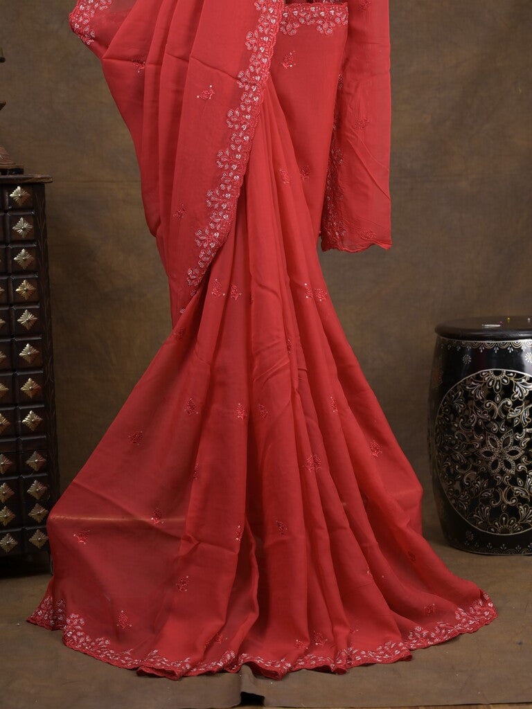 Organza fancy saree red color allover embroidered motifs & cutwork border with running pallu and self blouse